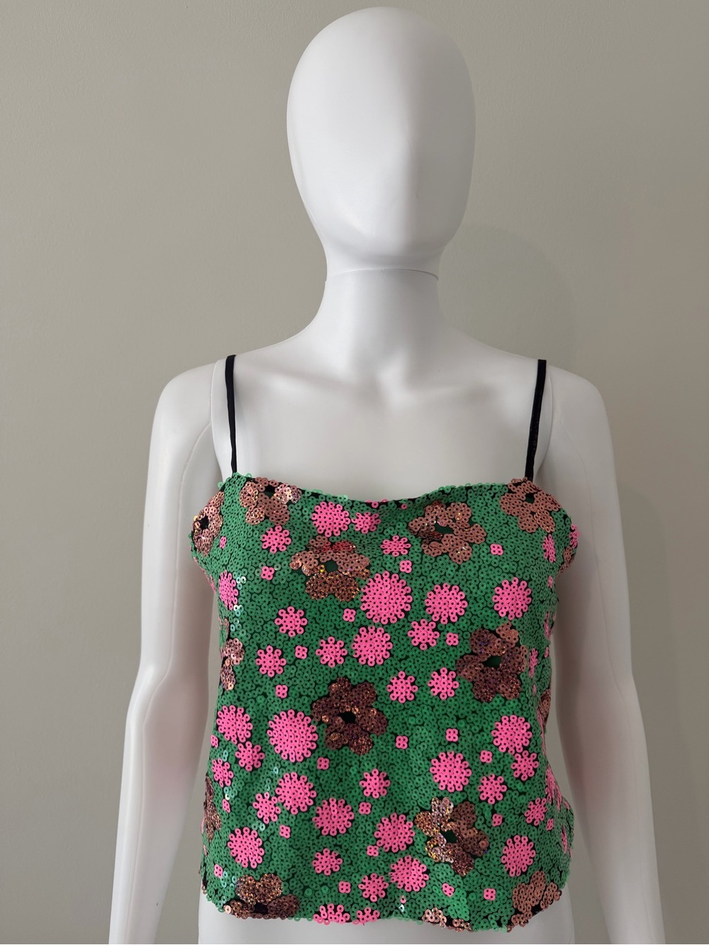 Topshop Green Sequin Floral Crop Cami with Pink and Brown Flowers